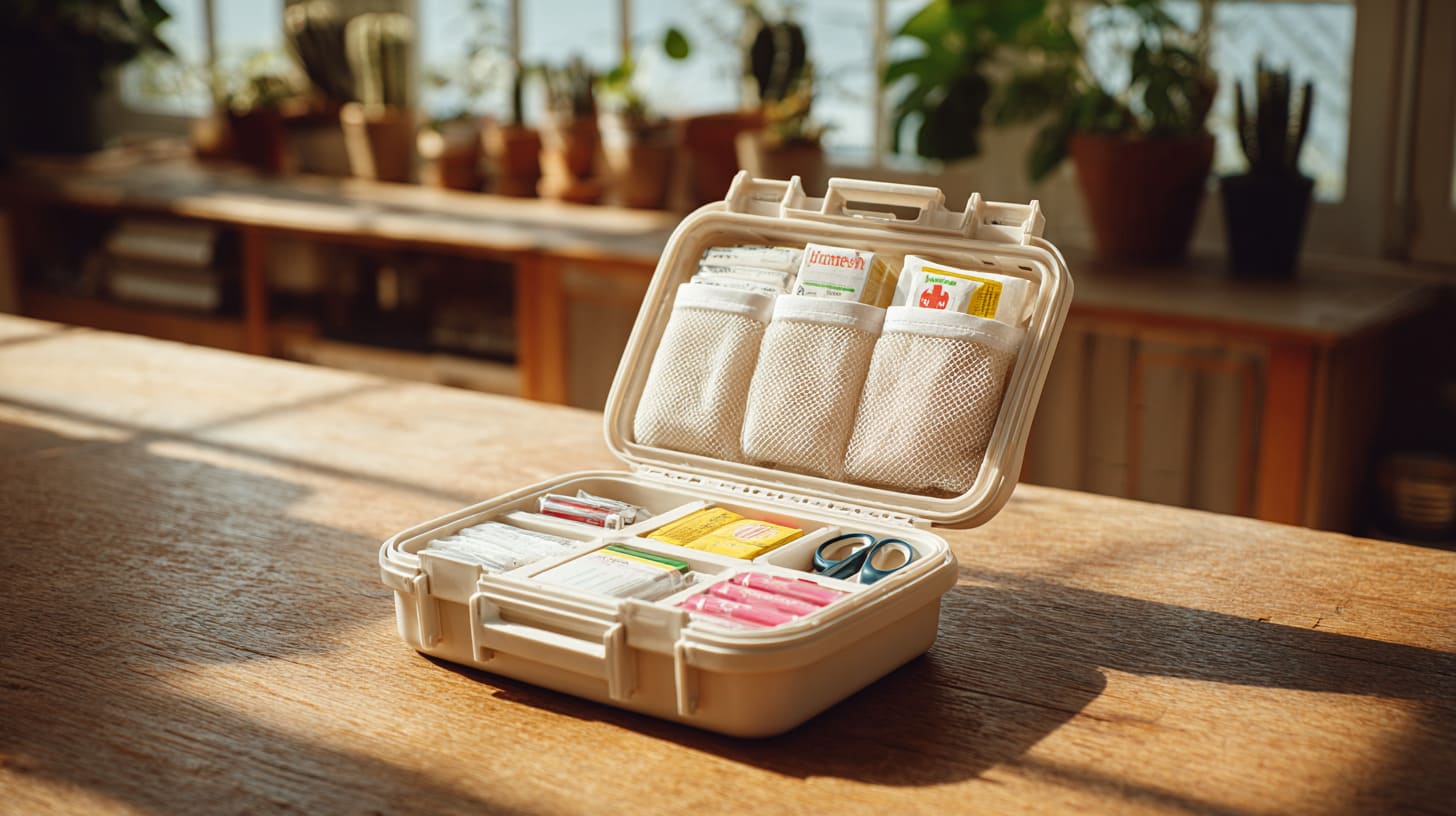 Botiquín de emergencia abierto con material de primeros auxilios como vendas, tijeras y gasas.