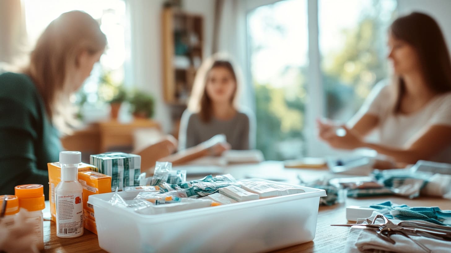 Familia preparando un botiquín de emergencia con medicamentos y material sanitario sobre la mesa.