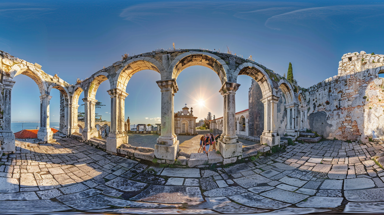 Ruinas del Convento do Carmo en Lisboa con sus arcos góticos abiertos al cielo como testimonio del terremoto de 1755 y la reconstrucción con la gaiola pombalina